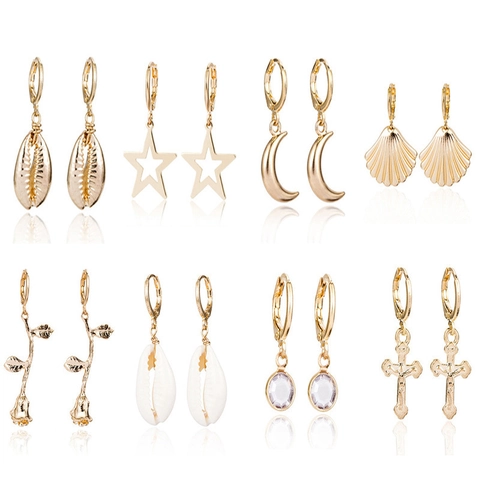 Boucles d'Oreilles Pendantes en Alliage Mode Étoile Lune Coquille Rose Fleur Croix pour Femmes Or Argent Bijoux Strass Électroplaqués