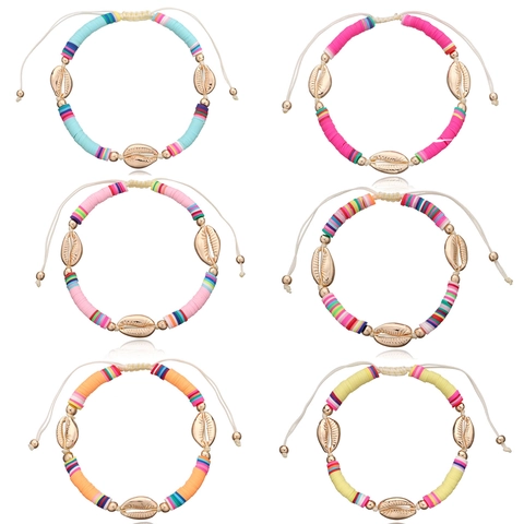 Handgefertigte Böhmische Bunte Polymer Ton Heishi Perlen Fußkettchen Für Damen Gold Legierung Muschel Verstellbare Strand Fußkette