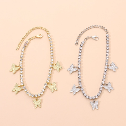 Schmetterling Strass Tennis Kette Fußkettchen Für Damen Legierung Gold Silber Plattiert Glänzende Kristalle Fußschmuck