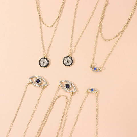 Μόδα Κακό Μάτι Μενταγιόν Κολιέ για Γυναίκες Διπλή Σειρά Κράμα Χρυσό Στρας Στρογγυλό Μπλε Μάτι Μποέμ Κοσμήματα Δώρο
