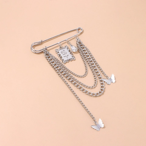 Spilla in Lega di Argento Vintage Punk con Catene Multistrato per Donna con Ciondolo a Forma di Rosa e Farfalla con Strass Gioielli