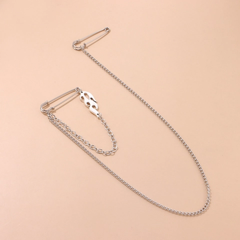 Spilla Harajuku Punk in Lega con Ciondolo a Fiamma e Doppia Catena Spilla da Balia Argento Galvanizzato Gioielli Hip Hop Unisex