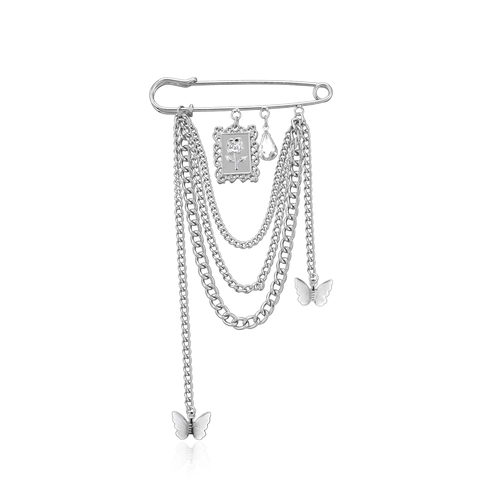 Spilla in Lega di Argento Vintage Punk con Catene Multistrato per Donna con Ciondolo a Forma di Rosa e Farfalla con Strass Gioielli