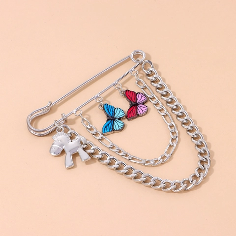 Spilla Vintage Punk in Lega con Farfalla e Pony Spilla da Balia con Catena Multistrato in Metallo Smalto Colorato per Donna Gioielli