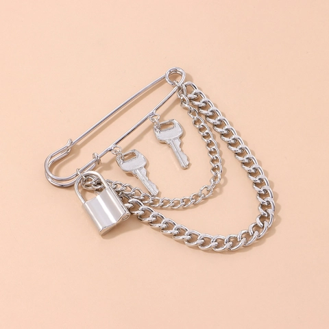 Punk Alloy Safety Pin Brooch With Lock Key Charms Multilayer Metal Chain Silver Color Pin Accessory For Men Women Jewelry