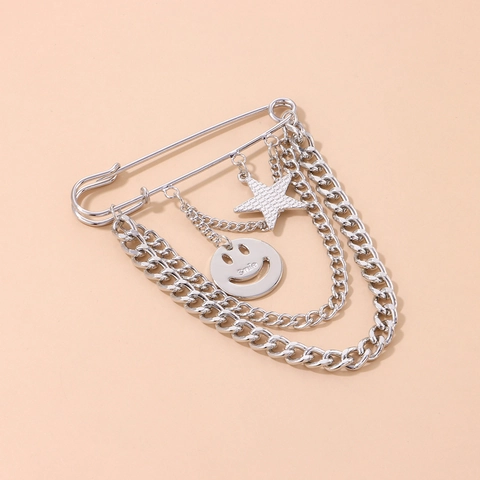 Broche de Alfiler de Seguridad de Aleación Vintage Con Cadenas de Capas Amuletos Estrella Cara Sonriente Plata Punk Broche Mujer