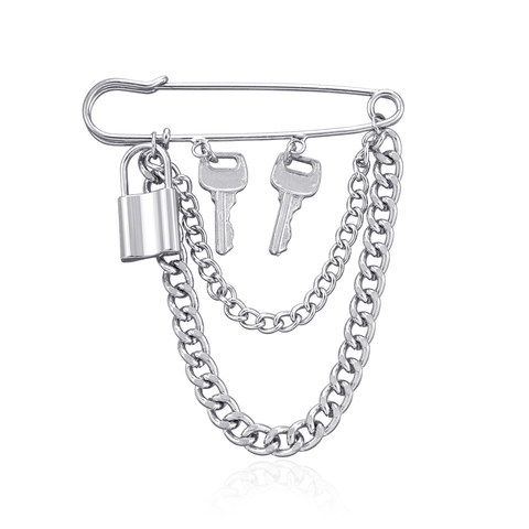 Punk Alloy Safety Pin Brooch With Lock Key Charms Multilayer Metal Chain Silver Color Pin Accessory For Men Women Jewelry