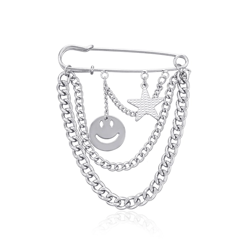 Broche de Alfiler de Seguridad de Aleación Vintage Con Cadenas de Capas Amuletos Estrella Cara Sonriente Plata Punk Broche Mujer