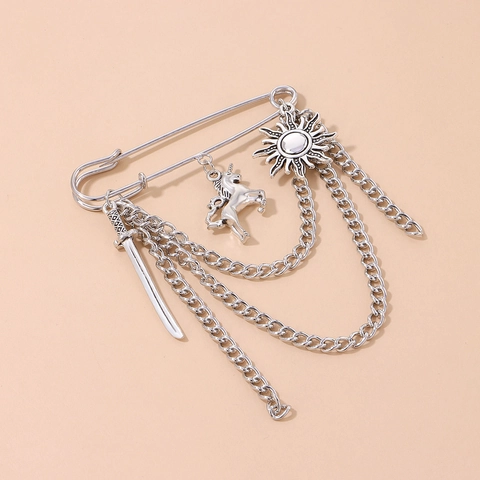 Broche Punk Vintage de Aleación Con Colgante de Unicornio Espada Sol y Cadena Multicapa Alfiler de Gancho Joyería para Hombre Mujer