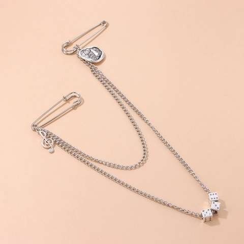 Vintage Punk Alloy Brooch Owl Relief Coin Musical Note Dice Charms Double Pin Chain Brooch For Women Men Fashion Jewelry