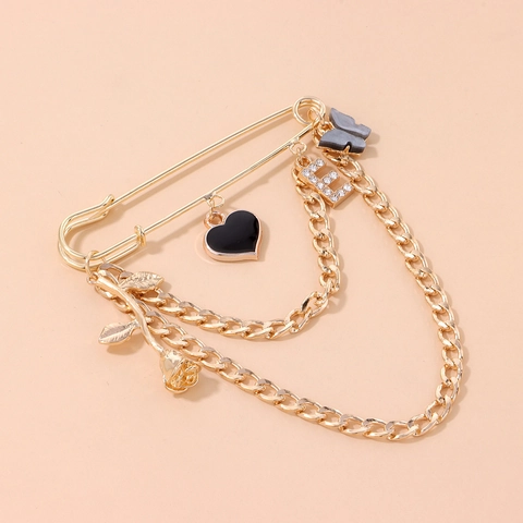 Spilla da Balia Vintage in Lega d'Oro con Rosa Cuore Farfalla Lettera E Doppia Catena Strass Gioielli alla Moda