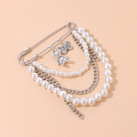 Vintage Legierung Kunstperle Kette Brosche Große Sicherheitsnadel Mit Bär Schmetterling Anhängern Für Damen Mode Schmuck Zubehör