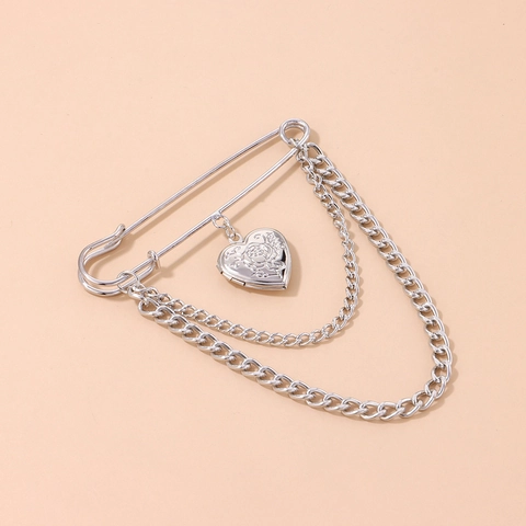 Vintage Herz Medaillon Brosche Mit Rosenprägung Und Doppelter Kette Legierung Sicherheitsnadel Modeschmuck Zubehör Für Damen Geschenk