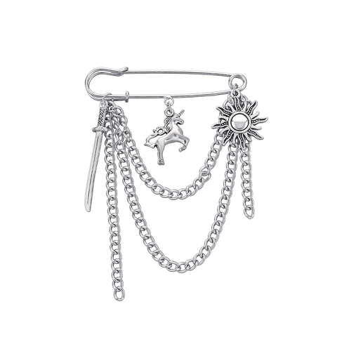 Broche Punk Vintage de Aleación Con Colgante de Unicornio Espada Sol y Cadena Multicapa Alfiler de Gancho Joyería para Hombre Mujer
