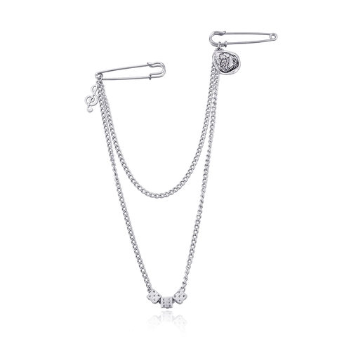 Vintage Punk Alloy Brooch Owl Relief Coin Musical Note Dice Charms Double Pin Chain Brooch For Women Men Fashion Jewelry