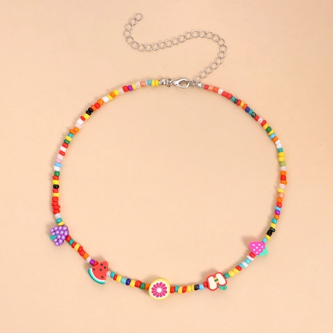 Colorful Fruit Beaded Necklace For Women Summer Jewelry With Polymer Clay Watermelon Lemon Charms Adjustable Seed Bead Choker