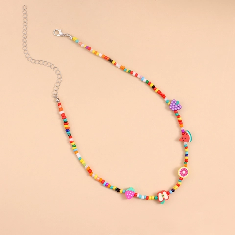 Colorful Fruit Beaded Necklace For Women Summer Jewelry With Polymer Clay Watermelon Lemon Charms Adjustable Seed Bead Choker