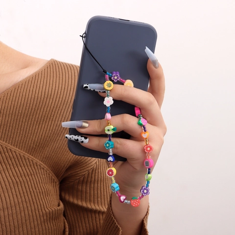 Colorata Catena per Cellulare in Argilla Polimerica con Perline a Forma di Frutta e Fiori Fatta a Mano Boho per Donna