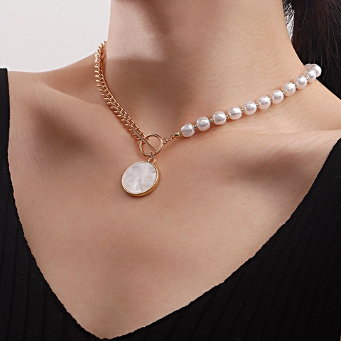French Vintage Alloy Asymmetric Splicing Chain Necklace For Women Artificial Pearl Mother Of Pearl Pendant Toggle Clasp Jewelry