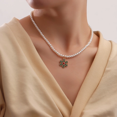 Christmas Artificial Pearl Necklace For Women Enamel Snowflake Christmas Tree Bell Pendant Holiday Party Jewelry