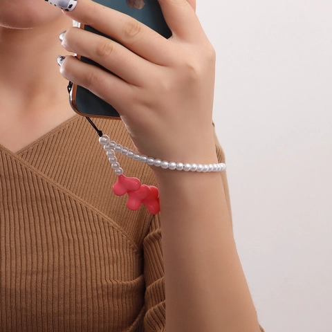 Sweet Pink Acrylic Heart Phone Chain Artificial Pearl Phone Lanyard For Women Western Style Exaggerated Geometric Wrist Strap Jewelry