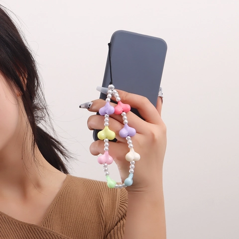 Cadena de Teléfono de Aleación Perlas Artificiales Corazón Hueso Color Macarrón Acrílico Correa Anti-Perdida para Mujer