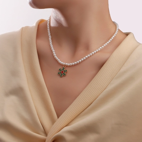 Christmas Artificial Pearl Necklace For Women Enamel Snowflake Christmas Tree Bell Pendant Holiday Party Jewelry