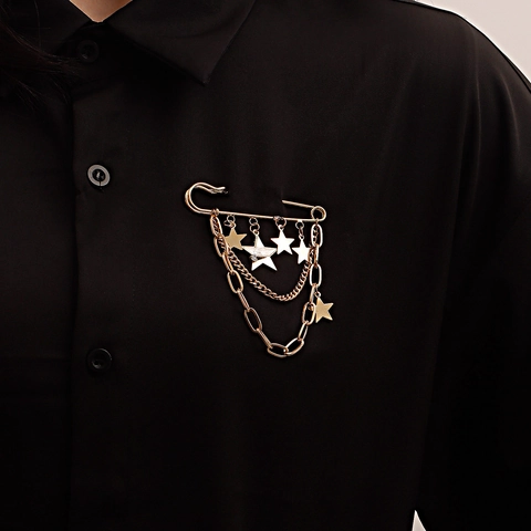 Broche de Alfiler Punk de Aleación Dorada Con Estrella de Cinco Puntas Borlas y Cadenas de Capas Para Mujer Joyería de Colgante de Estrella