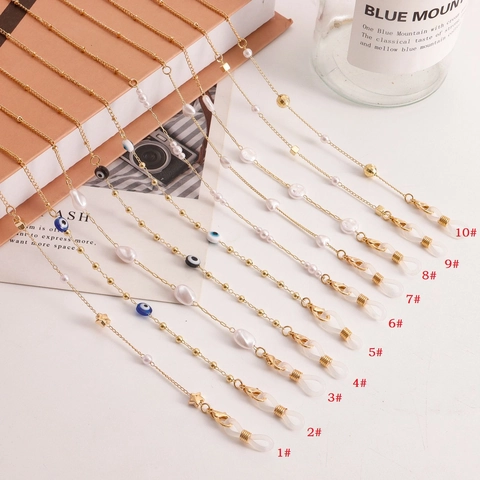 Modieuze Goudkleurige Legering Brillenketting Kunstparel Boze Oog Antislip Maskerkoord Decoratieve Kralen Brillenriem