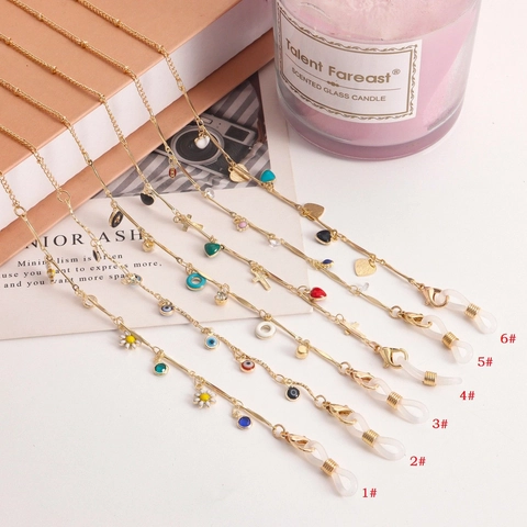 Gold Plated Alloy Eyeglass Chain For Women Floral Heart Evil Eye Decorative Sunglasses Strap Mask Holder Neck Cord