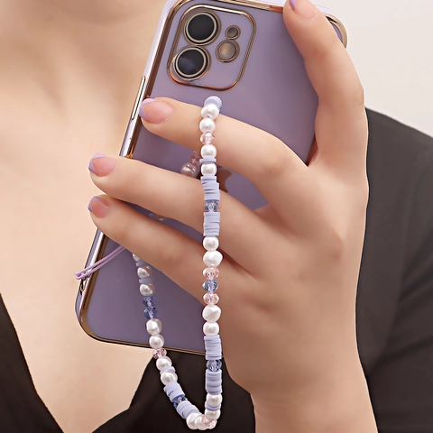 Handgefertigte Künstliche Perlen Handyband Lila Polymer Ton Imitationsperle Kristall Anhänger Für Damen Handyhülle Strap Dekoration