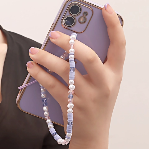 Handgefertigte Künstliche Perlen Handyband Lila Polymer Ton Imitationsperle Kristall Anhänger Für Damen Handyhülle Strap Dekoration