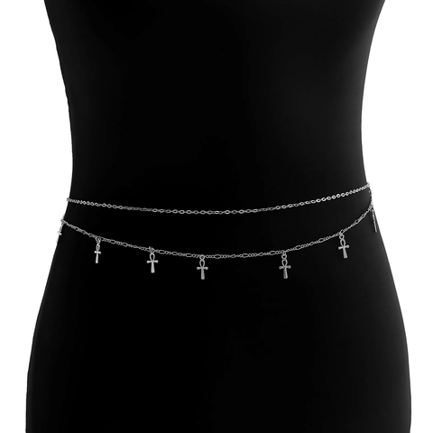 Damen Vintage Punk Silber Legierung Doppel Taillenkette Mit Ankh Kreuz Anhänger Verstellbare Figaro Körperkette Gürtel Schmuck