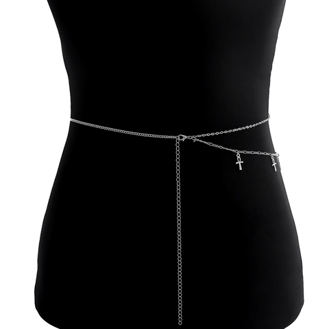 Damen Vintage Punk Silber Legierung Doppel Taillenkette Mit Ankh Kreuz Anhänger Verstellbare Figaro Körperkette Gürtel Schmuck