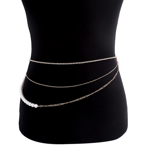 Catena in Vita in Lega a Più Strati Con Künstliche Perle d'Imitazione Strass per Donna Gioiello Regolabile Oro Argento