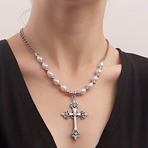 Vintage Gothic Alloy Cross Pendant Necklace With Faux Artificial Pearl Rhinestone Beads Adjustable Long Chain For Women Jewelry Gift