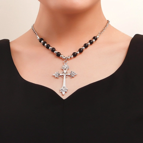 Vintage Gothic Alloy Cross Pendant Necklace With Faux Artificial Pearl Rhinestone Beads Adjustable Long Chain For Women Jewelry Gift