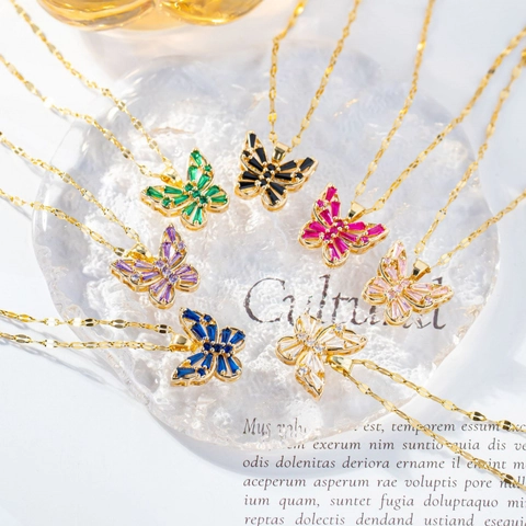 Titanium Steel Butterfly Pendant Necklace Rhinestone Inlaid Gold Plated Fairy Forest Style Jewelry For Women Girls Birthday Gift