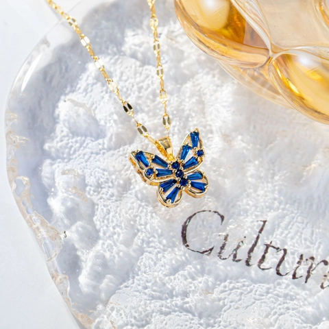 Titanium Steel Butterfly Pendant Necklace Rhinestone Inlaid Gold Plated Fairy Forest Style Jewelry For Women Girls Birthday Gift