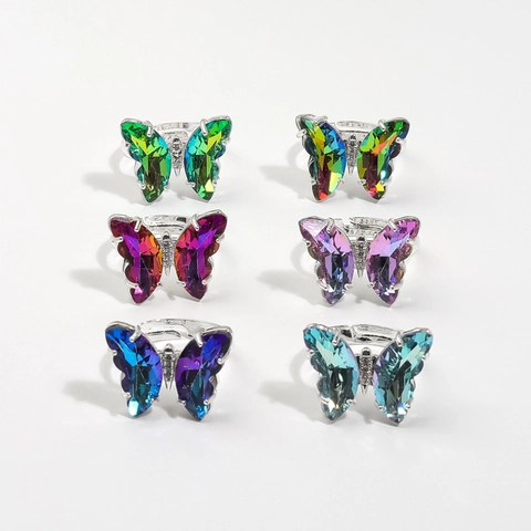 Kristall Schmetterling Offener Ring Damen Kupfer Versilbert Gradient Glas Strass Verstellbarer Modeschmuck Geschenk