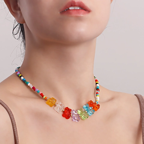 Bohemian Colorful Beaded Gummy Bear Necklace And Bracelet Alloy Resin Animal Pendant Jewelry For Women Daily Casual Style
