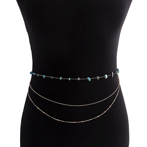 Catena da Vita Bohemian in Lega d'Oro Multistrato per Donna Con Pietra Turchese Colorata Gioielli Catena del Corpo Regolabile