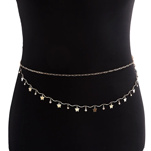 Moda Sexy Farfalla Ciondolo Catena da Vita a Doppio Strato Oro Lega Catena del Corpo Con Strass per Donna Accessorio da Spiaggia