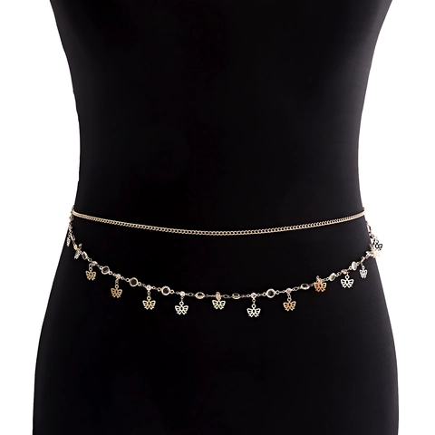 Damen Sexy Gold Doppelstöckige Taillenkette Legierung Strass Schmetterling Anhänger Bauch Kette Mode Körper Schmuck