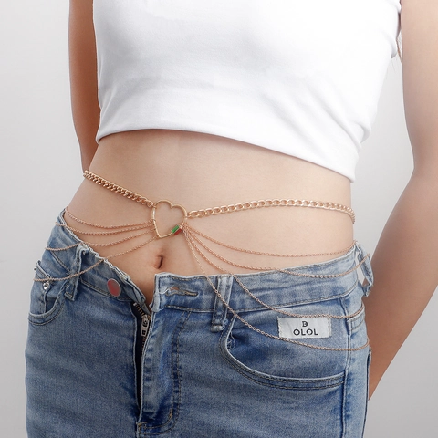 Gold Multi Layer Waist Chain For Women Metal Heart Buckle Enamel Decorative Body Chain Bohemian Belly Chain Punk Jewelry