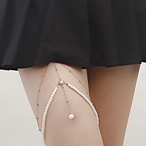 Sexy Multilayer Imitation Artificial Pearl Leg Chain For Women Gold Silver Plated Alloy Metal Body Chain Jewelry Elastic Thigh Chain Elastic Band Leg Ring