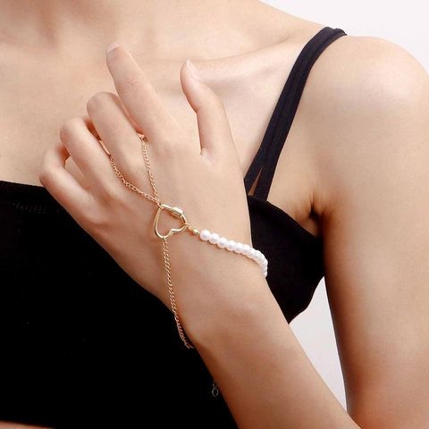 Bohemian Alloy Artificial Pearl Heart Snake Butterfly Hand Chain Rhinestone Finger Ring Hand Harness Jewelry Gift