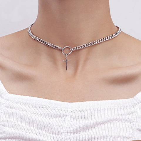 Alloy Silver Curb Chain Choker Necklace For Women Minimalist Punk Sword Dagger Cross Pendant Geometric Round Ring Neck Jewelry