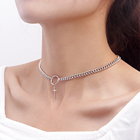 Alloy Silver Curb Chain Choker Necklace For Women Minimalist Punk Sword Dagger Cross Pendant Geometric Round Ring Neck Jewelry