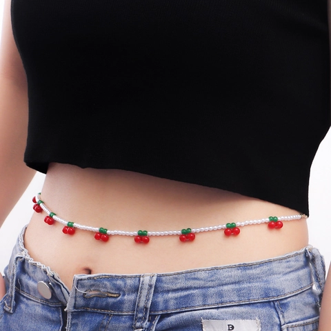 Western Sweet Cherry Pendant Waist Chain Fashion Beaded Artificial Pearl Body Jewelry Streetwear Party Ladies Accessory